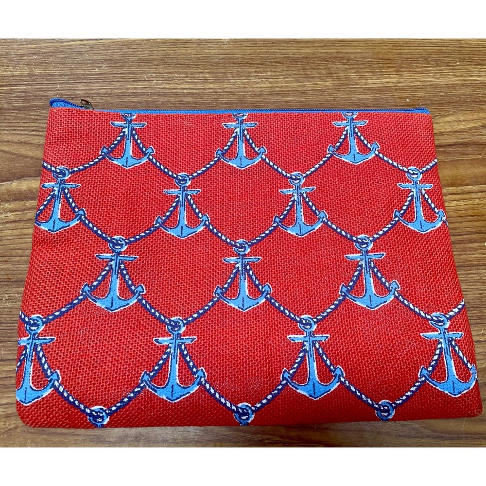 Mud Pie Red Burlap Nautical Anchor Print Zipper Clutch Pouch Bag